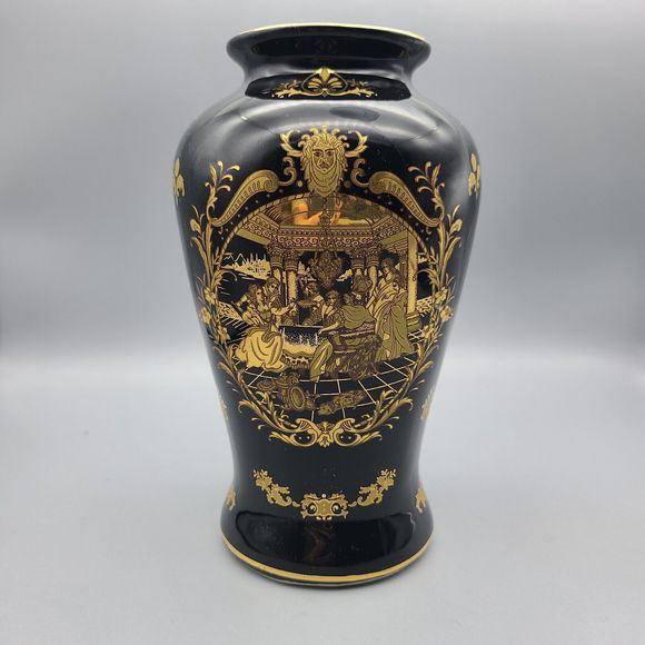 PORCELAIN  Victorian Style BLACK & GOLD VASE Porcelain  8" excellent Condition - Picture 2 of 13